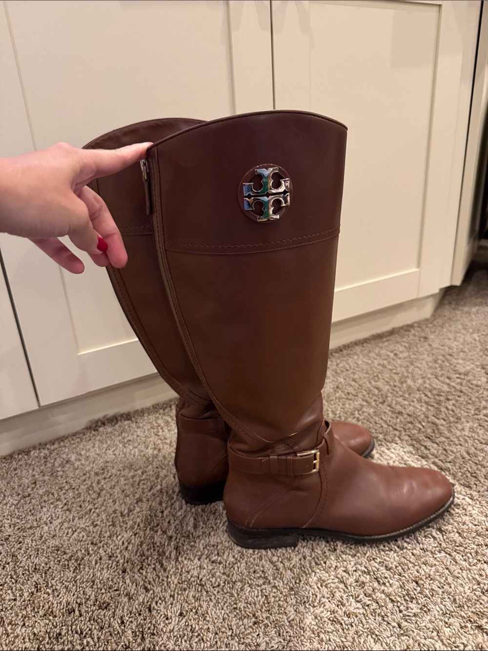Tory Burch Chestnut Brown Leather Knee Boots with Logo Medallion